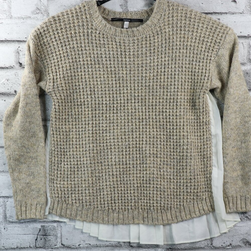 Kensie Women's Sweater Marled Oatmeal Knit With Sheer Pleaded Back Size Medium